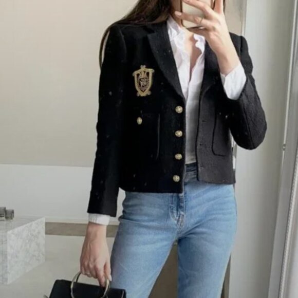 Nwot Zara Tweed Black Blazer Textured Patch Pocket  Emblem Gold ButtonsCropped L - Picture 4 of 15